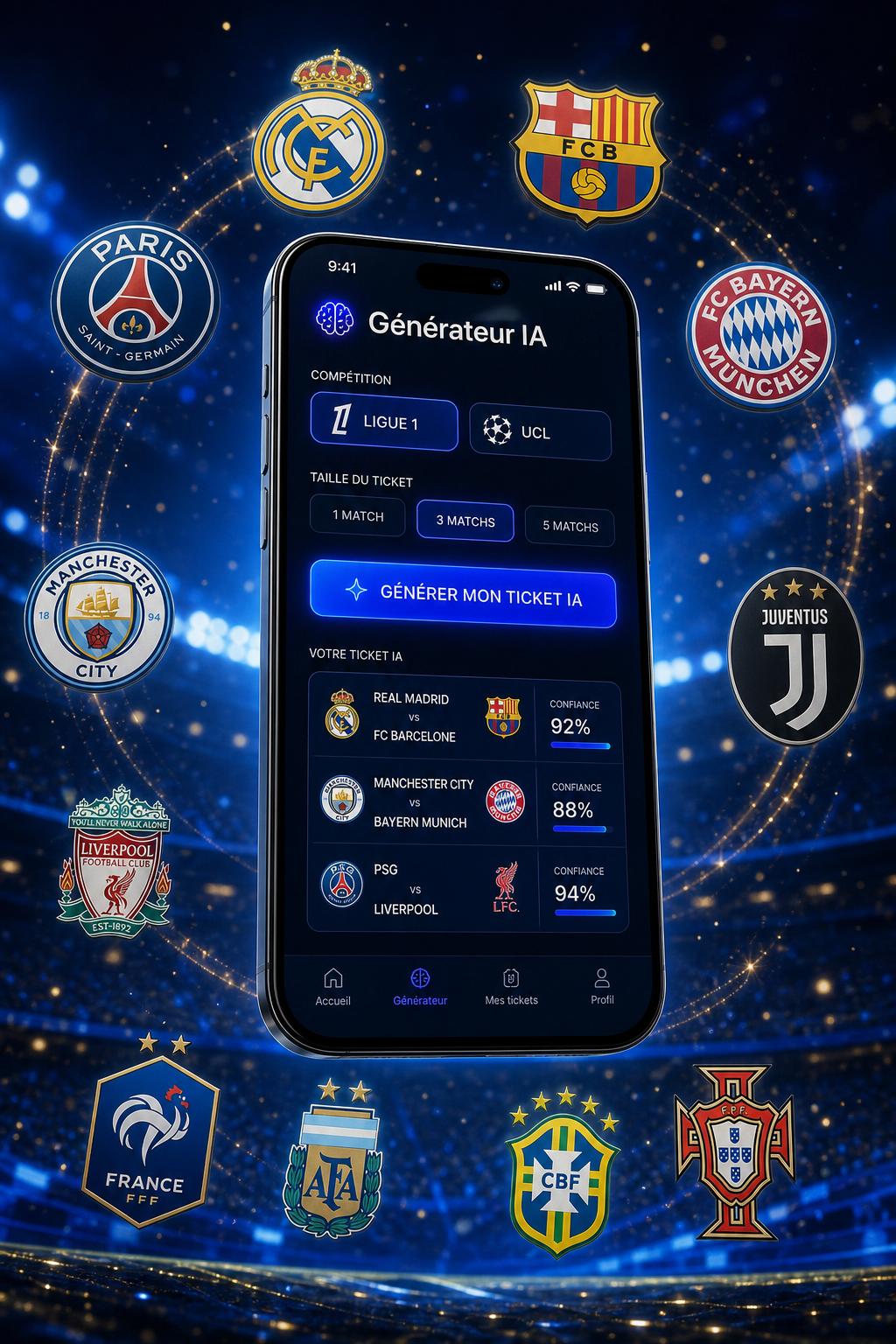Smartphone montrant le générateur de tickets Brain Foot entouré des logos des plus grands clubs européens et des équipes nationales France, Argentine, Brésil et Portugal